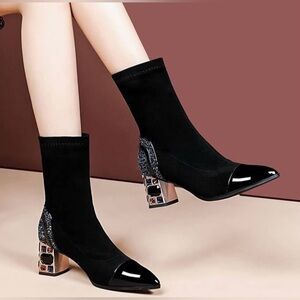 Chic Black Faux Suede Ankle Boots With Gold Bejeweled Heels - Size 36 Euro